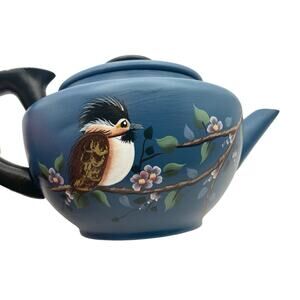 Vintage Mirro Teapot Aluminum Hand Painted Floral and Bird USA Blue with Lid